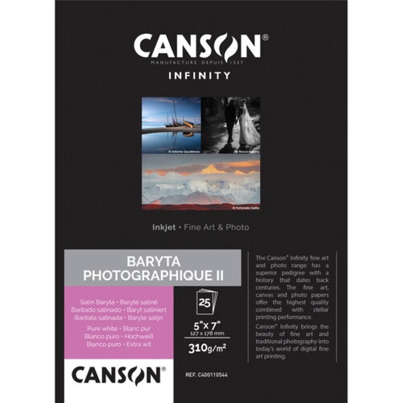 CANSON Infinity - Baryta Photographique II - Boîte de 25 feuilles de papier photo baryté 12,7x17,8cm satin - 310g/m² - Blanc pur