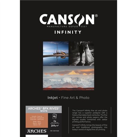 CANSON Infinity ARCHES BFK Rives White - Tirage papier Fine Art ARCHES - Boîte de 25 feuilles A4 - Grain Fin - Blanc - 310g/m²