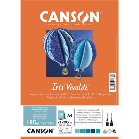 CANSON Iris Vivaldi - Paquet 25 feuilles de papier couleur A4 - 185g/m² - Assortiment de bleu