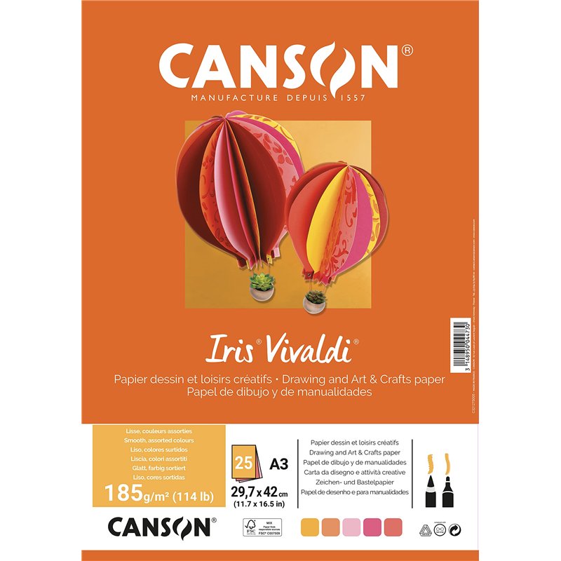 CANSON Iris Vivaldi - Paquet 25 feuilles de papier couleur A3 - 185g/m² - Assortiment jaune/rose/rouge