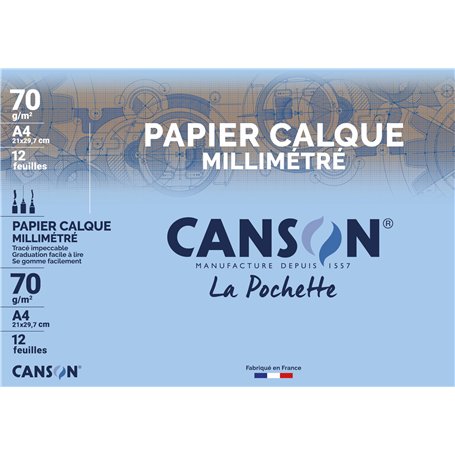 CANSON - Pochette 12 feuilles de papier calque millimétré bistre - A4 - 70g/m²