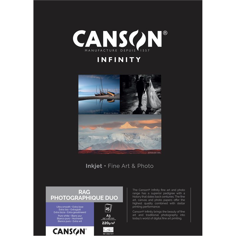 CANSON Infinity - Rag Photographique Duo - Boîte 25 feuilles de papier photo ultra lisse - A3 - 220g/m² - Ultra blanc