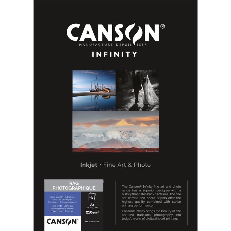 CANSON Infinity - Rag Photographique Duo - Boîte 25 feuilles de papier photo ultra lisse - A4 - 210g/m² - Ultra blanc