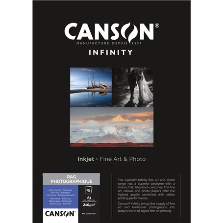 CANSON Infinity - Rag Photographique Duo - Boîte 25 feuilles de papier photo ultra lisse - A4 - 210g/m² - Ultra blanc