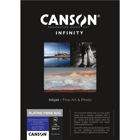 CANSON Infinity - Platine Fibre Rag - Boîte 25 feuilles de papier photo baryté A4 brillant - 310g/m² - Blanc Pur