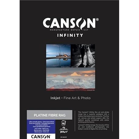 CANSON Infinity - Platine Fibre Rag - Boîte 25 feuilles de papier photo baryté A3 brillant - 310g/m² - Blanc Pur