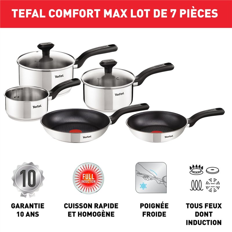 Image secondaire de Tefal Comfort Max Casseroles 14/16/18 cm + couvercles 16/18 cm, Poêles 20/24 cm, Induction, Revêtement antiadhésif sur (poêles),