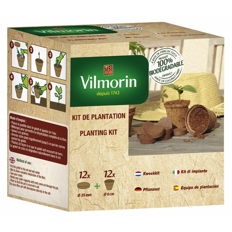 Vilmorin 3990624 Pack de 12 Godets Coco 6 cm + 12 Pastilles Fibre de Coco Compressée