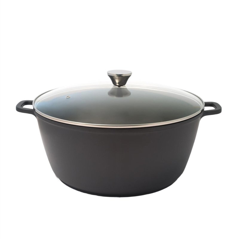 Baumalu, Cocotte Mijoteuse Haute 32cm 10L en Fonte d'Aluminium Noir avec Couvercle en Verre, Revêtement Anti-Adhérent Whitford X
