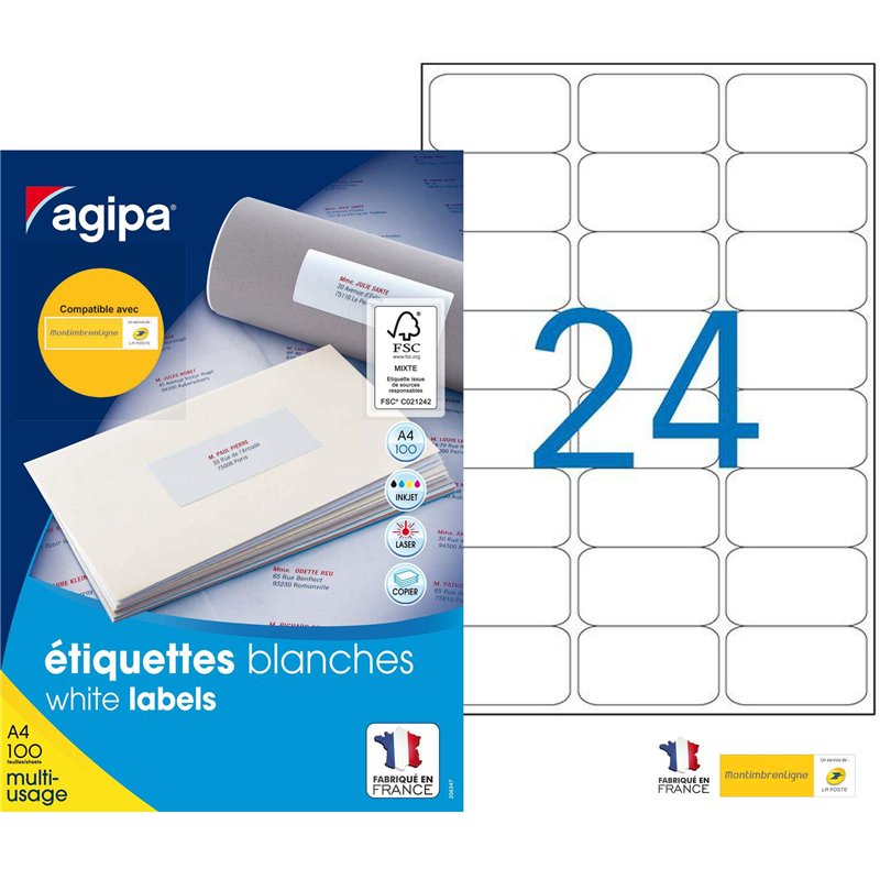 Apli Agipa – Boite Étiquettes Adhésives Blanches Multi–Usages Coins Arrondis – Certifié FSC – Anti-bourrage - 63,5 x 33,9 mm – 2