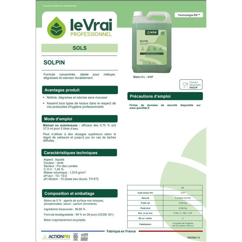 Image secondaire de LE VRAI PROFESSIONNEL - SOLPIN - Nettoyant Sol Multi-Surfaces - Détergent aux Agents Lavants d’Origine Végétale - pour Aspirateur