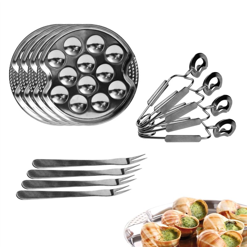Cook Concept KU6097 Coffret Dégustation Escargots Service 4 personnes Assiettes fourchettes et pinces Gris Inox H22,5 x 3,3 x 32