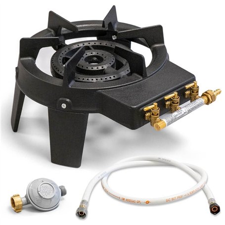 Rechaud Gaz Fonte véritable 9.8 KW 4 pieds 3 robinets + Tuyau gaz à vis 1.50m + Détendeur Butane