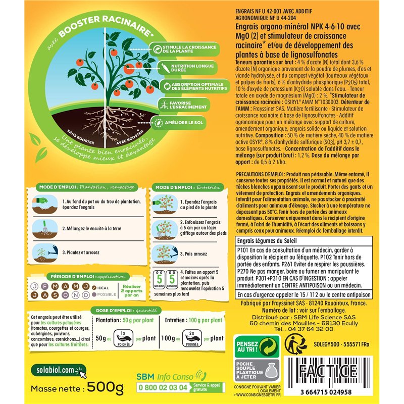 Image secondaire de SOLABIOL Engrais Plantes Et Légumes du Soleil | 500g | Nutrition Longue Durée | Utilisable en Agriculture Biologique SOLEGY500