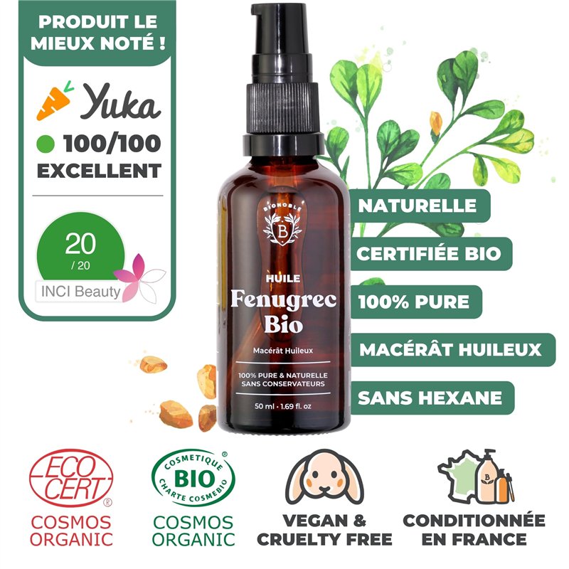 Image secondaire de Bionoble Huile de Fenugrec Bio 50ml pour Grossir Poitrine et Fesses - Avec Pipette + Pompe - Bouteille en Verre - Macérât Huileu