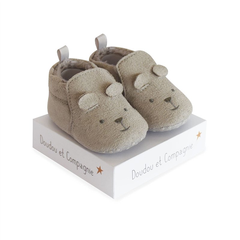 DOUDOU ET COMPAGNIE - Chaussons Bébé - Modèle Gris Adorable - Chaussons Doux Et Chauds Avec Frimousses Brodées - Taille Naissanc