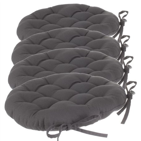 Atmosphera Lot de 4 galettes de chaises Rondes avec Attaches - Diamètre 38 cm -Matelassées & 100% Coton - Coloris Gris Anthracit