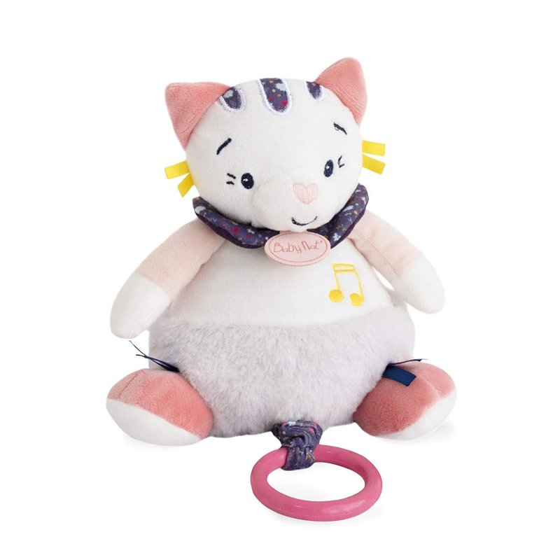 BABY NAT' - Peluche Musicale Chat - Boîte à Musique - 25 cm - Blanc/Rose - Belle Idée Cadeau Fille - Chat Pollen - BN0444
