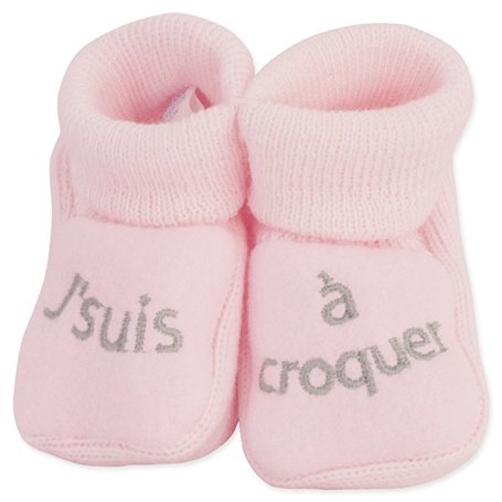 KINOUSSES - Chaussons Bébé - Brodés "J'suis à croquer" - 0-3 Mois - Rose/Argent