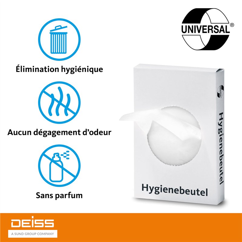 Image secondaire de DEISS Sacs hygiéniques blancs HDPE – 30 pièces – 80+70x250 mm – 12 µm – résistants et recyclables – pour toilettes féminines, hô