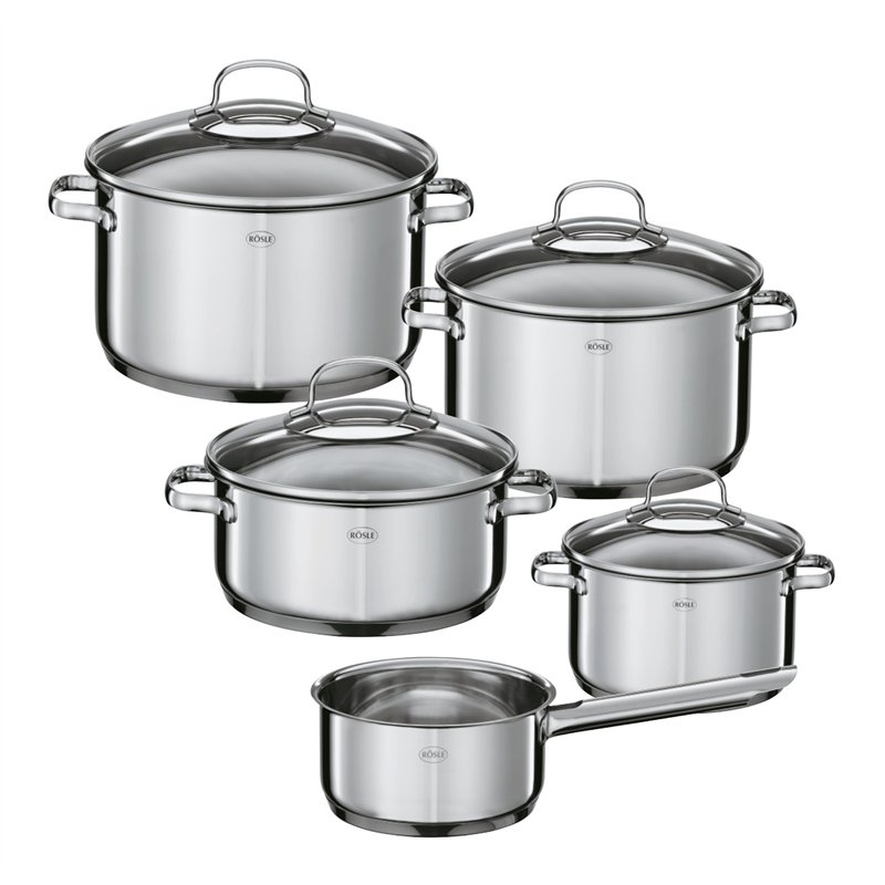 Rösle Elegance Set de 5 casseroles, Acier Inoxydable, avec Couvercle en Verre, sauteuse, marmite, Casserole à Manche, Graduation