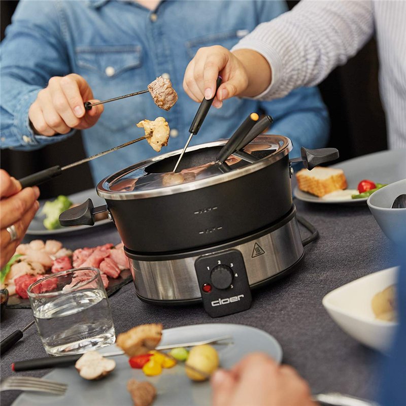 Image secondaire de Cloer 6679 Fondues électriques jusqu'à 8 Personnes, Pot en Aluminium revêtu, Protection Anti-éclaboussures Amovible, 8 fourchet