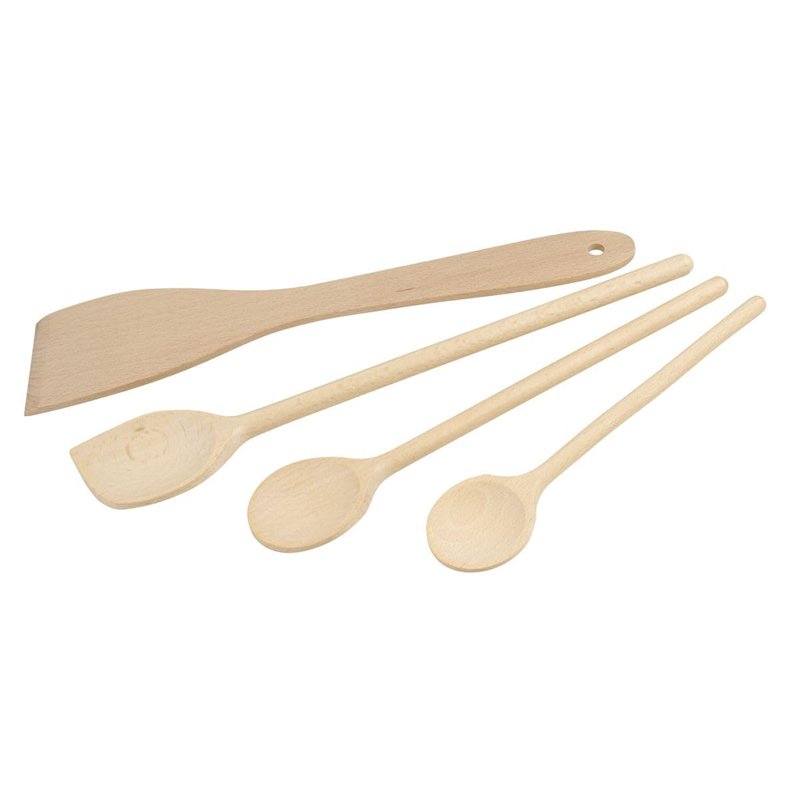 Fackelmann 31125 Set de 4 ustensiles de cuisine en bois, Lot de spatules et cuillères de cuisine en bois, Bois certifié FSC, 20c