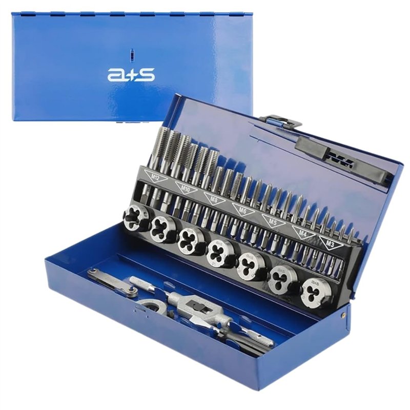 a+s Albrecht & Schulte Jeu de 32 tarauds métriques M3-M12 | tarauds manuels + taraud + filière + tourne-filière réglable + porte