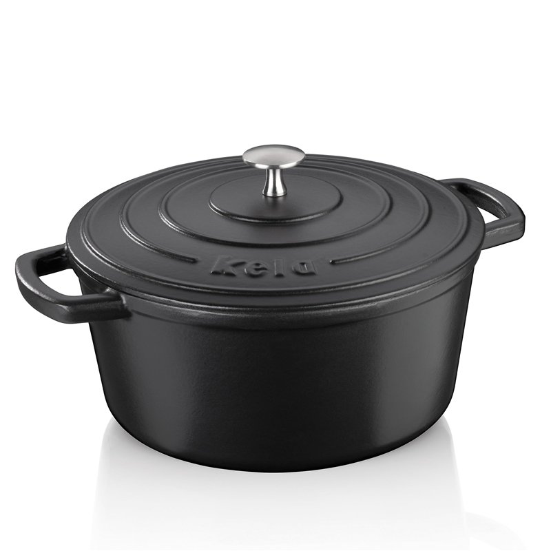 kela 12472 Cocotte en Fonte émaillée Ronde avec Couvercle, Bonne Conservation de la Chaleur, Compatible avec induction, 5 L, Noir
