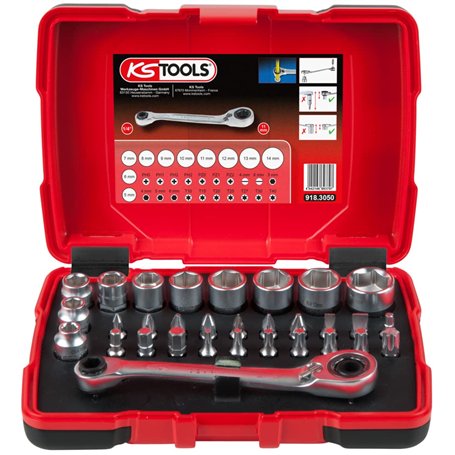 KS Tools - 918.3050 - Coffret de douilles traversantes 1/4 - 5 à 14 mm - Embouts de vissage - Tête de cliquet inclinée à 15° - U