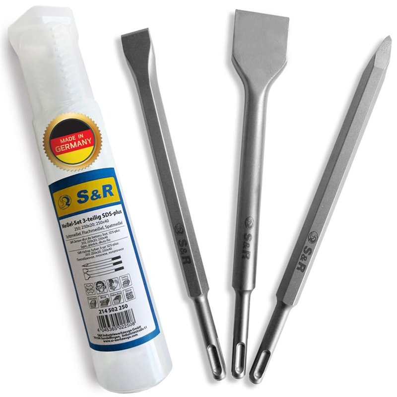S&R Burin SDS Plus. Set de 3 Ciseaux Carrelage- Burin Plat, Large, Pointu) pour Carellage. Made in Germany Qualité Industrielle