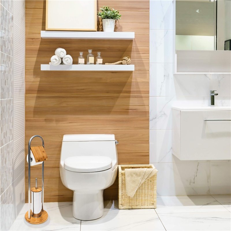 Image secondaire de Relaxdays Ensemble porte brosse WC support porte rouleau papier toilette en bambou et inox brosse plastique distributeur papier 
