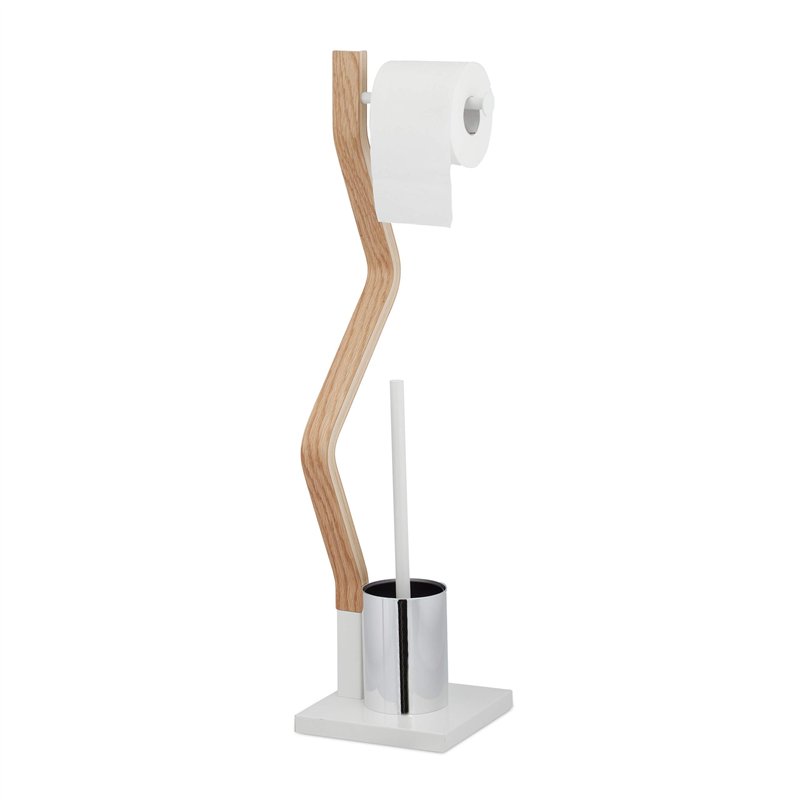 relaxdays Brosse WC et dérouleur Papier, Ensemble Autonome, Bois et Acier, HLP 75 x 18,5 x 18,5 cm, Blanc/Nature, Plaque de Fibr