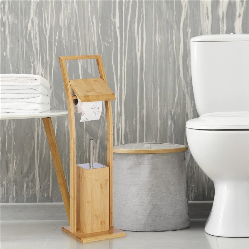 Image secondaire de Relaxdays Ensemble WC, Bambou, Acier Inoxydable, Brosse WC et dérouleur Papier, Autonome, HLP 74 x 20 x 20 cm, Nature
