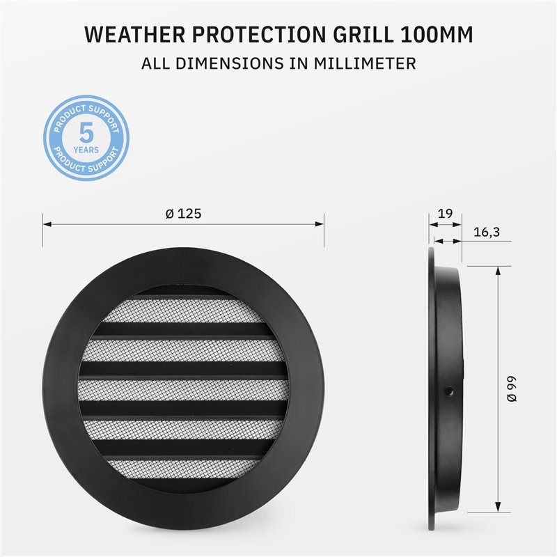 Image secondaire de calimaero® WSGB Grille Aeration Ronde 100mm Avec Moustiquaire Alu, Intérieur Fonte d'aluminium, Grille Ventilation Exterieur pou