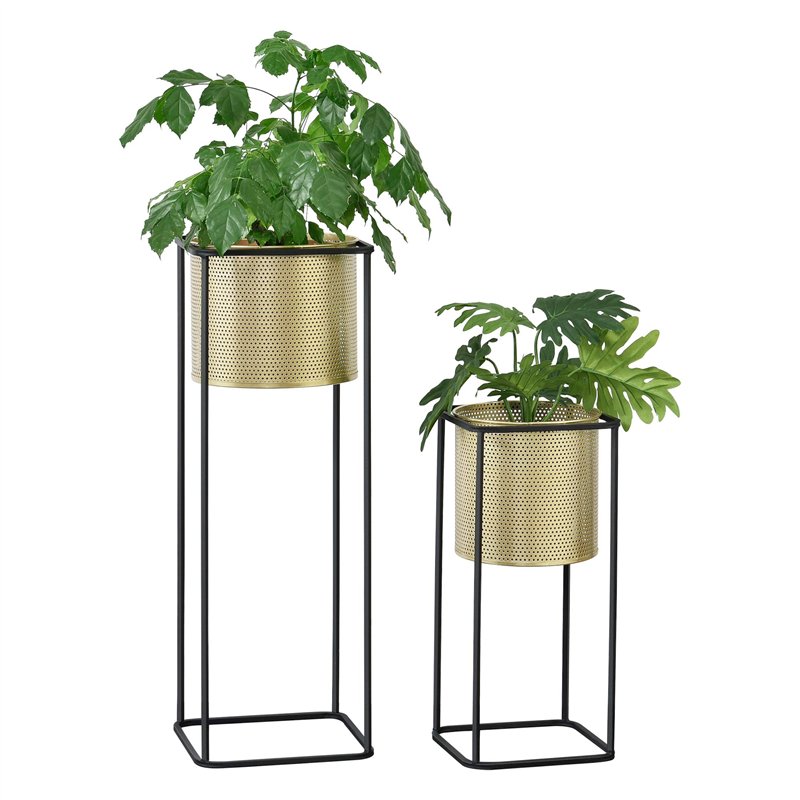 [en.casa] Lot de 2 Supports de Plante Set Cache-Pot Pot de Fleur Bac à Fleurs Vase Métal Tailles Différentes Noir Doré