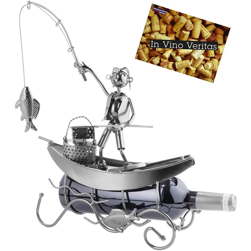 Brubaker - Porte-Bouteille de vin - Pêcheur dans sa Barque - Sculpture en Métal - Carte de voeux INCL. - Idée Cadeau Originale
