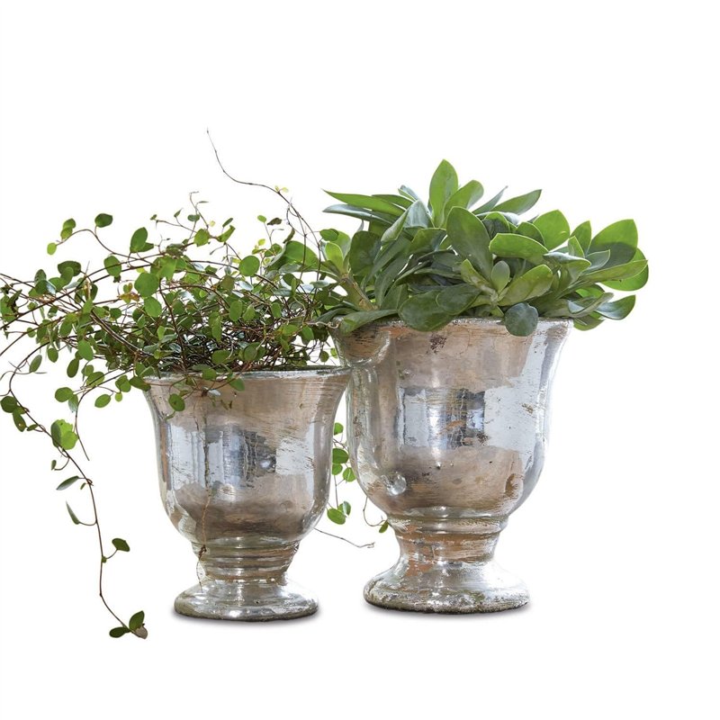 Loberon Lot de 2 Cache-Pots Banon - Hauteur: 19cm, Ø: 16cm, Hauteur: 15cm, Ø: 14cm - argenté Vieilli - Terracotta