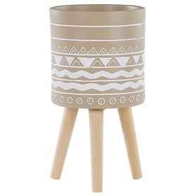 Cache-Pot Support Plantes Beige avec 3 Pieds en Bois 25 cm de Diamètre Motif Ethnique Peint à la Main pour Extérieur et Intérieu