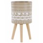 Cache-Pot Support Plantes Beige avec 3 Pieds en Bois 25 cm de Diamètre Motif Ethnique Peint à la Main pour Extérieur et Intérieu