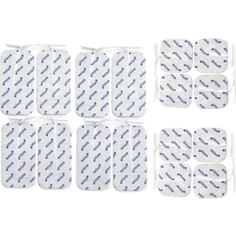 16 électrodes axion | Patchs 10x5 cm et 5x5 cm pour électrostimulateur TENS et/ou EMS réutilisables et autocollants avec connexi