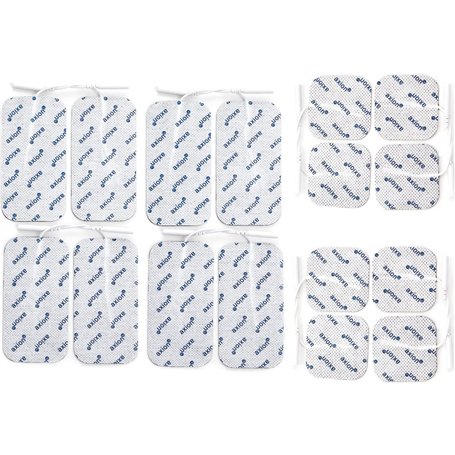 16 électrodes axion | Patchs 10x5 cm et 5x5 cm pour électrostimulateur TENS et/ou EMS réutilisables et autocollants avec connexi
