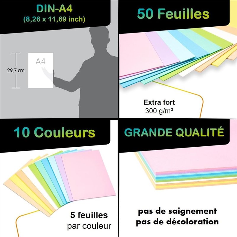 Image secondaire de perfect ideaz 50 Feuilles Carton Photo DIN-A4, papel de Bricolage, 10 Coloris Pastel