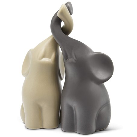 Couple harmonieux d’éléphants en céramique Beige & Gris - Sculpture Moderne