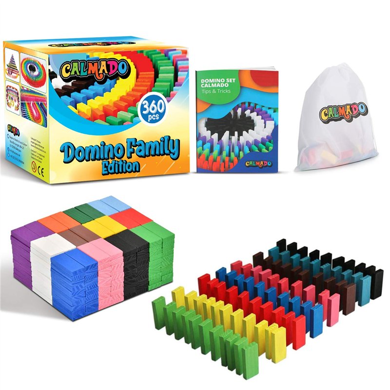 Calmado - 360pcs Pierres Domino/Dominos en Bois Domino Family Edition Ensemble + Sac + Livret