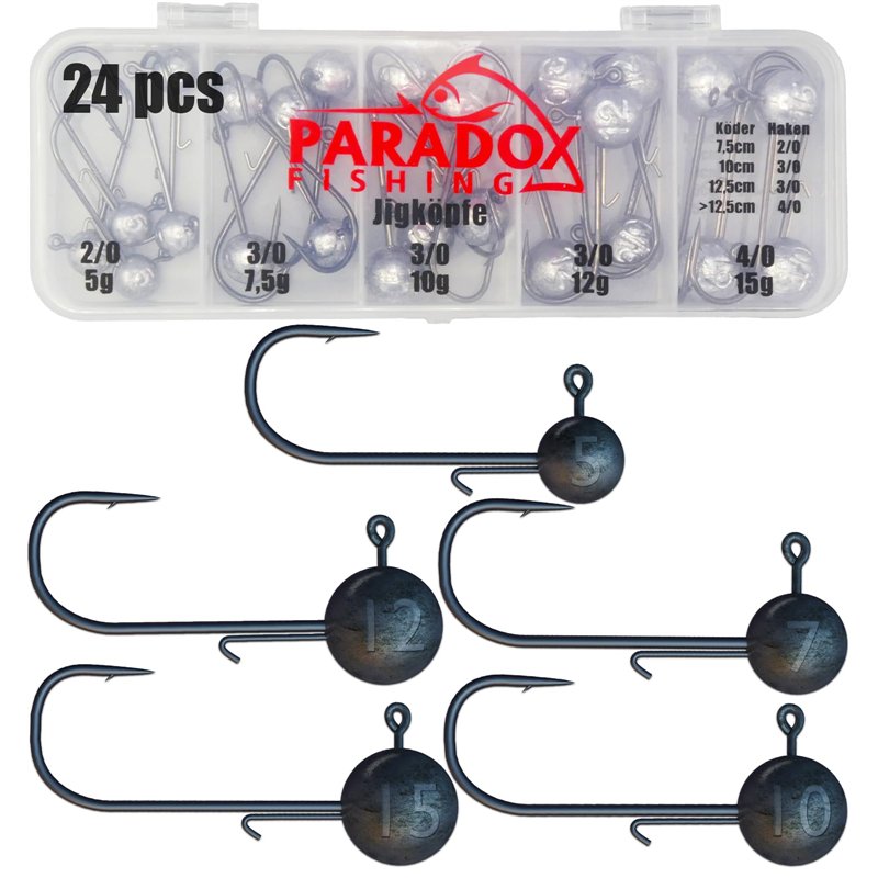 Paradox Fishing Lot de 24 têtes plombées de qualité supérieure (5 g/7.5 g/10 g/12 g/15 g) - 5/4 hameçons hameçons hameçons, leur