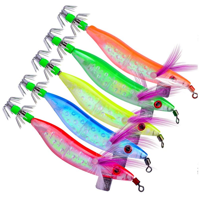 Image secondaire de OriGlam Lot de 5 leurres Lumineux pour pêche en Eau salée, Calamar, Pieuvre, crevette, Bar, appâts pour crevettes, appâts Lumine