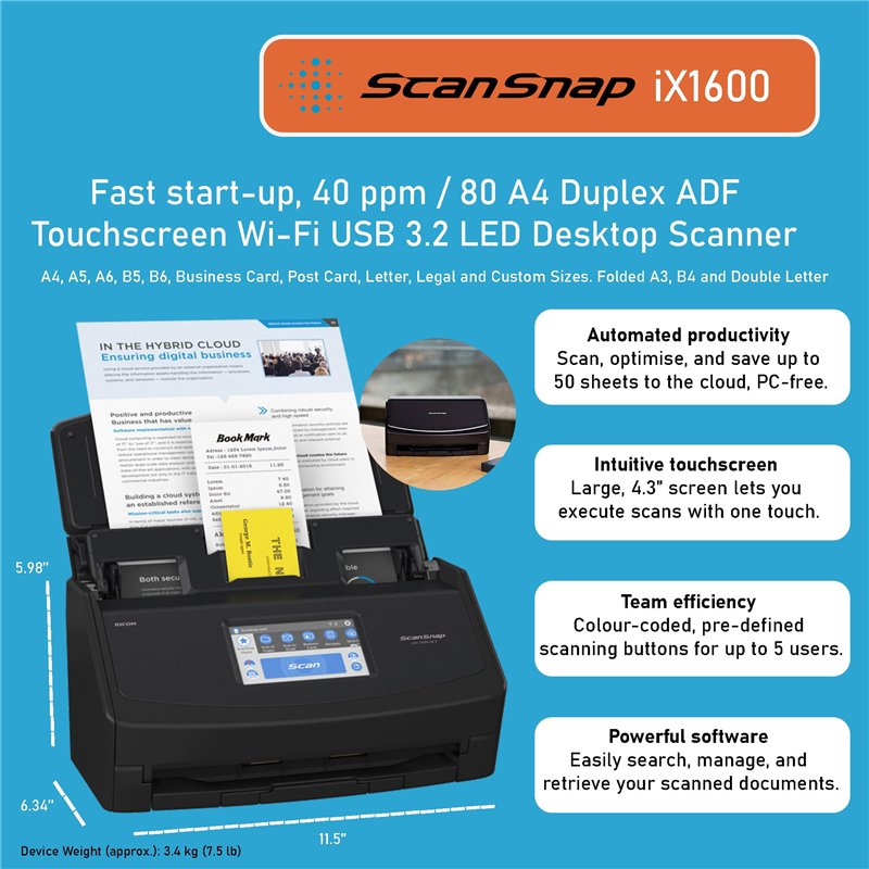 Image secondaire de ScanSnap iX1600 Noir Scanner de Documents - Recto Verso, ADF, A4, Wi-FI, sans Fil, USB 3.2