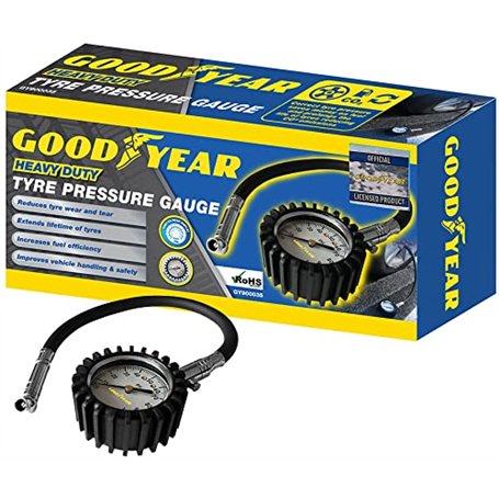Goodyear Manomètre de pression de pneu de voiture professionnel robuste avec tuyau en caoutchouc et affichage facile à lire