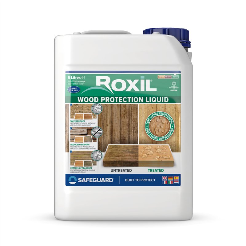 Roxil Liquide Imperméabilisant pour Bois - 5 litres - Jusqu'à 10 ans de Protection Hydrofuge pour Bois Extérieur, Terrasse, Clôt